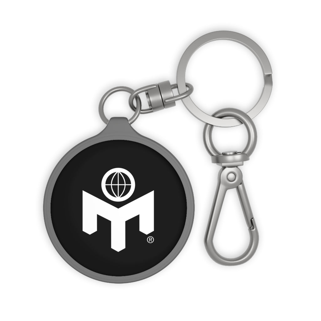 Musta metallinen avaimenperä, valkoinen logo