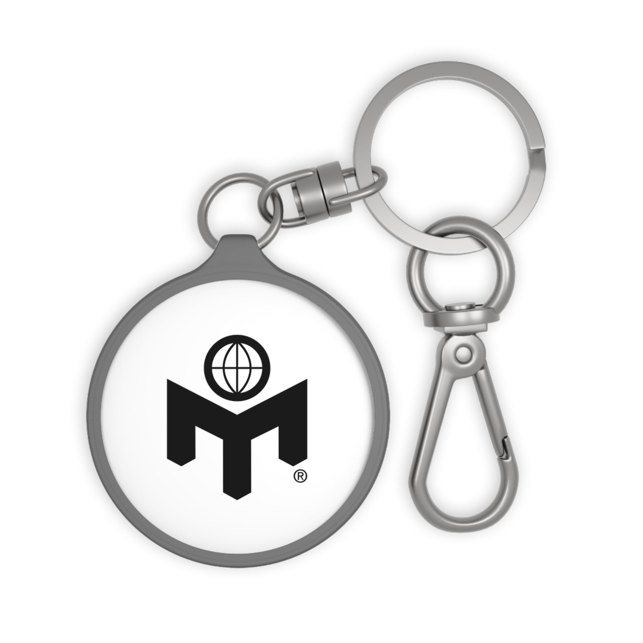 Valkoinen metallinen avaimenperä, musta logo